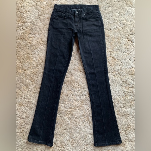 EUC Ralph Lauren Tan Leather Patch on Blue Denim Skinny Bootcut Jeans Size 27L - Picture 1 of 14